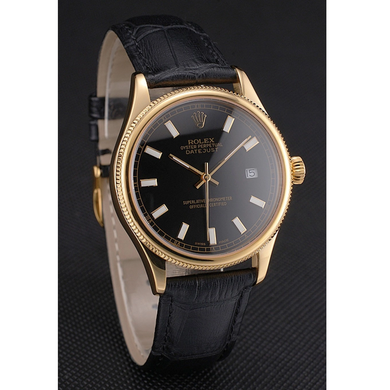 AAA replica watch Case Gold Swiss Black Leather Strap Datejust Black Dial Rolex 0728